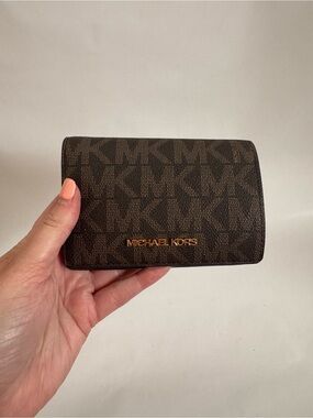 Michael Kors Dark Brown MK Logo Fold Wallet with Gold Hardware